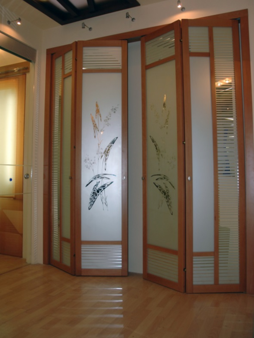 Широкие двери гармошка с матовым стеклом и рисунком Набережные Челны